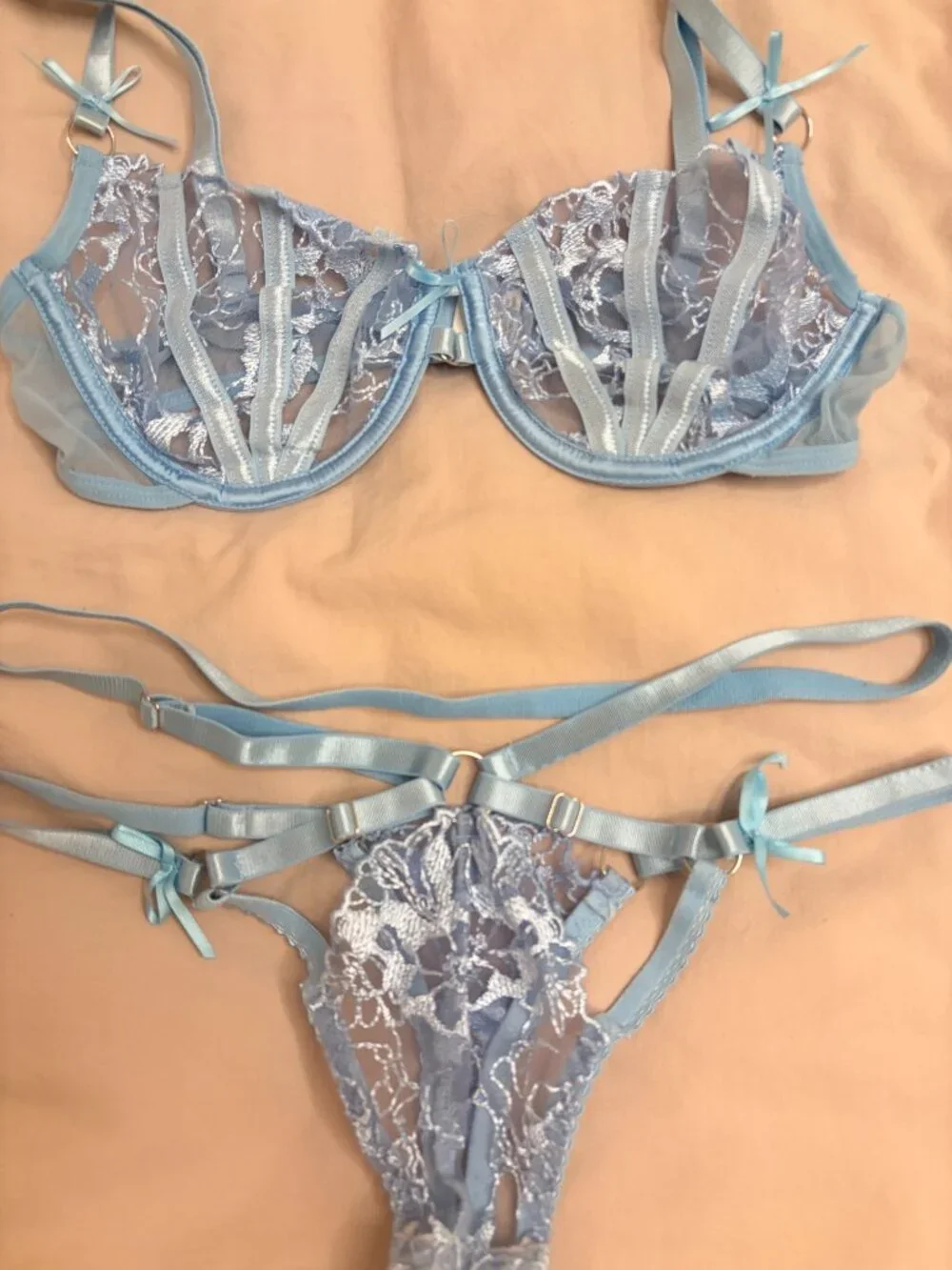 Blue Lace Strappy Bra and Panty Lingerie Set Size Small